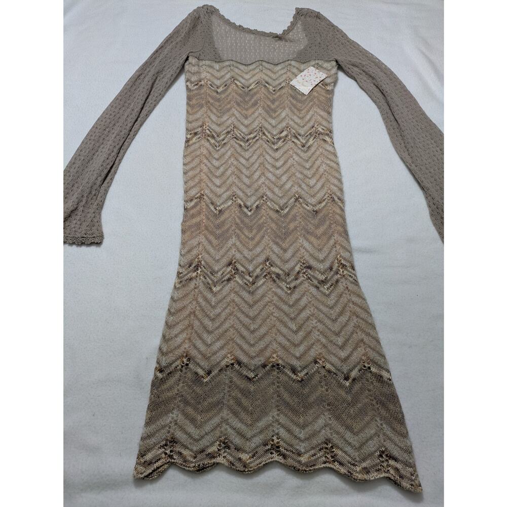 FREE PEOPLE Beige Soft Sweater Dress Short Knit Long Bell Sleeves Academia Sheer - Picture 3 of 16